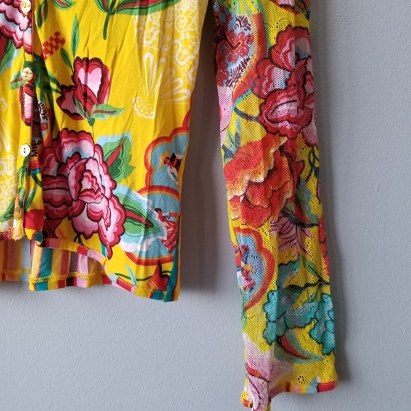 70's Long Sleeve V-Neck Yellow Floral and Striped Top Size L-XL - Picture 8 of 8